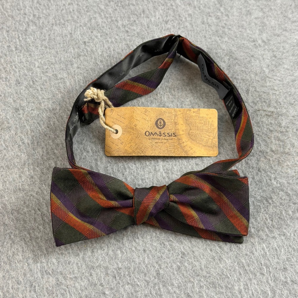 Onassis Chester Silk Mens Skinny Bow Tie Green Purple Red Striped 2x14-18"